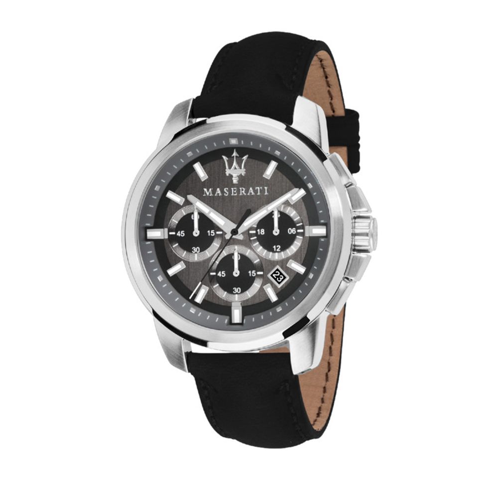 Maserati watch with black leather strap on a white background Main image
