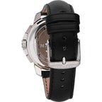 Watch with black leather strap and silver case on a white background