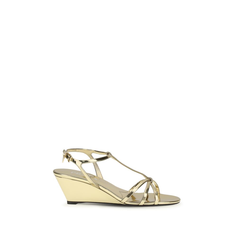 Prada Gold Calf Leather Bos Taurus Wedge Sandals - Zachava