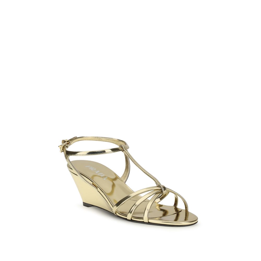 Prada Gold Calf Leather Bos Taurus Wedge Sandals - Zachava