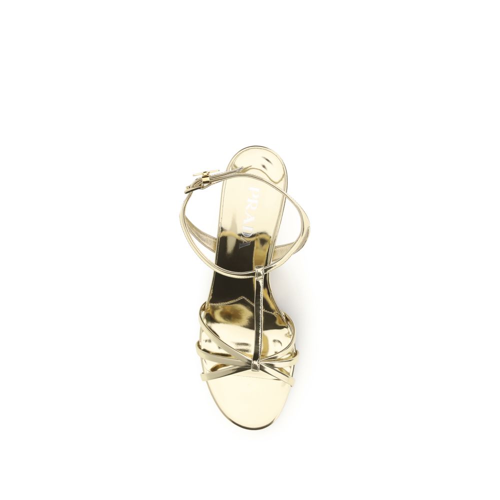 Prada Gold Calf Leather Bos Taurus Wedge Sandals - Zachava