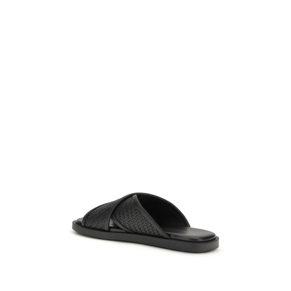 Ferragamo Black Calf Leather Bos Taurus Flat Sandals