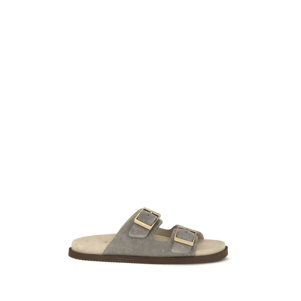 Brunello Cucinelli Gray Calf Leather Bos Taurus Sandals
