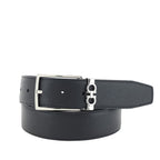 Black leather belt with silver buckle on a white background