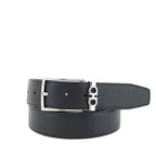 Black leather belt with silver buckle on a white background