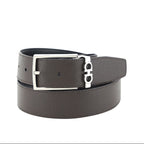 Black leather belt with silver buckle on a white background