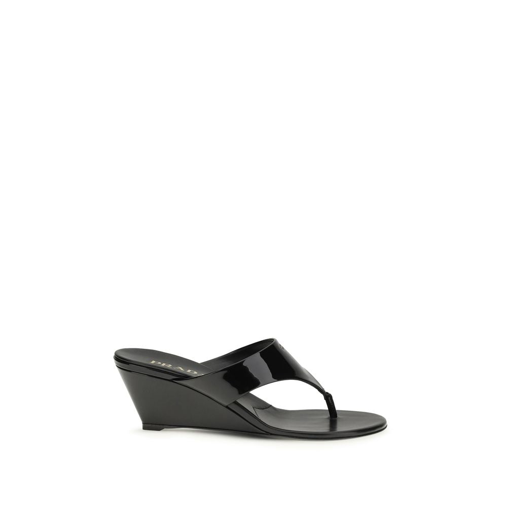 Prada Black Calf Leather Bos Taurus Wedge Sandals - Zachava
