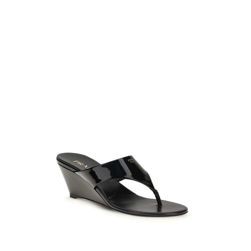 Prada Black Calf Leather Bos Taurus Wedge Sandals - Zachava