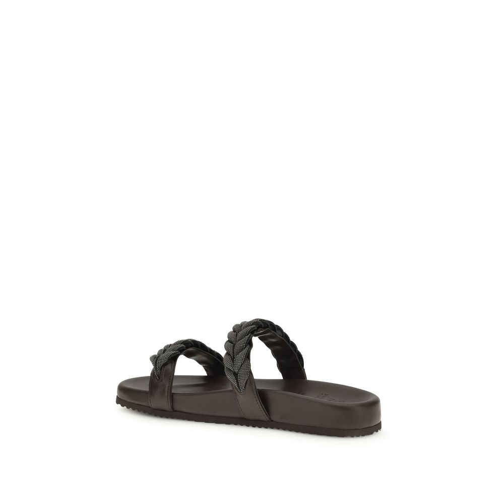 Brunello Cucinelli Brown Calf Leather Bos Taurus Flat Sandals - Zachava