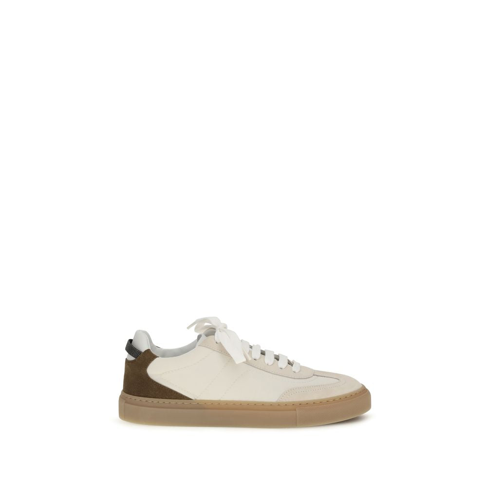Brunello Cucinelli Beige Calf Leather Bos Taurus Low Top Sneakers