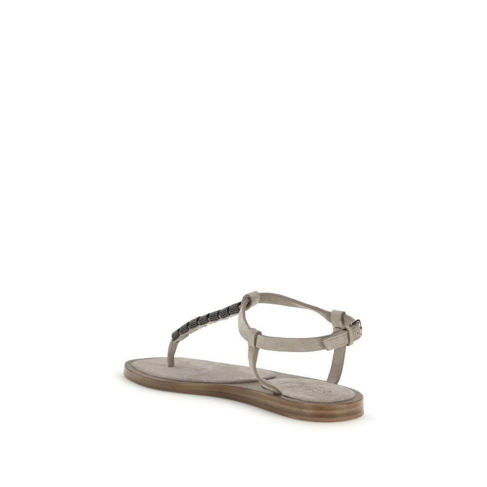 Brunello Cucinelli Beige Calf Leather Bos Taurus Flat Sandals Brunello Cucinelli