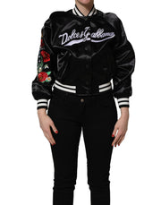 Dolce & Gabbana Black Satin Floral Embroidery Bomber Jacket for Women