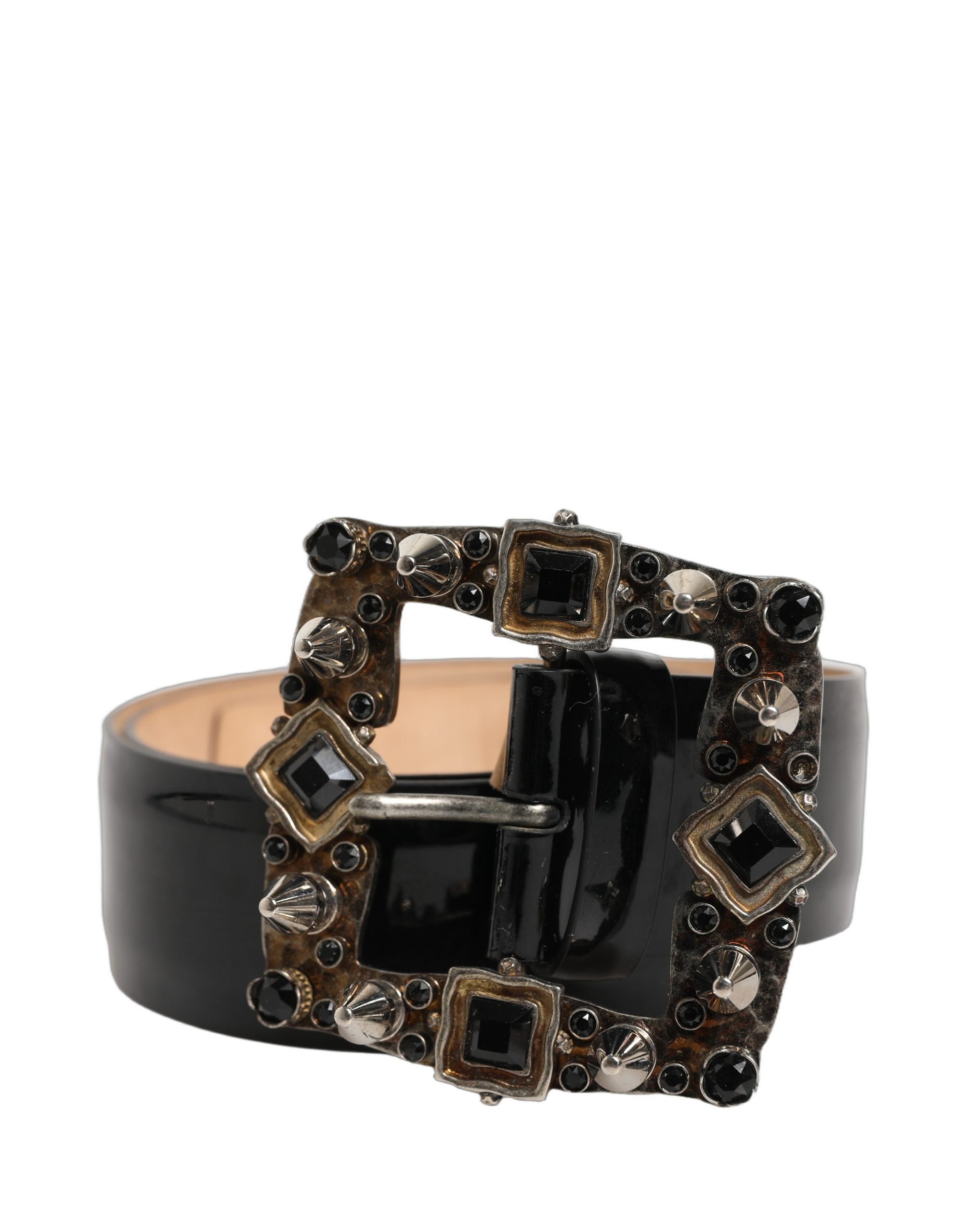 Dolce & Gabbana Black Leather Crystal Metal Buckle Belt for Women