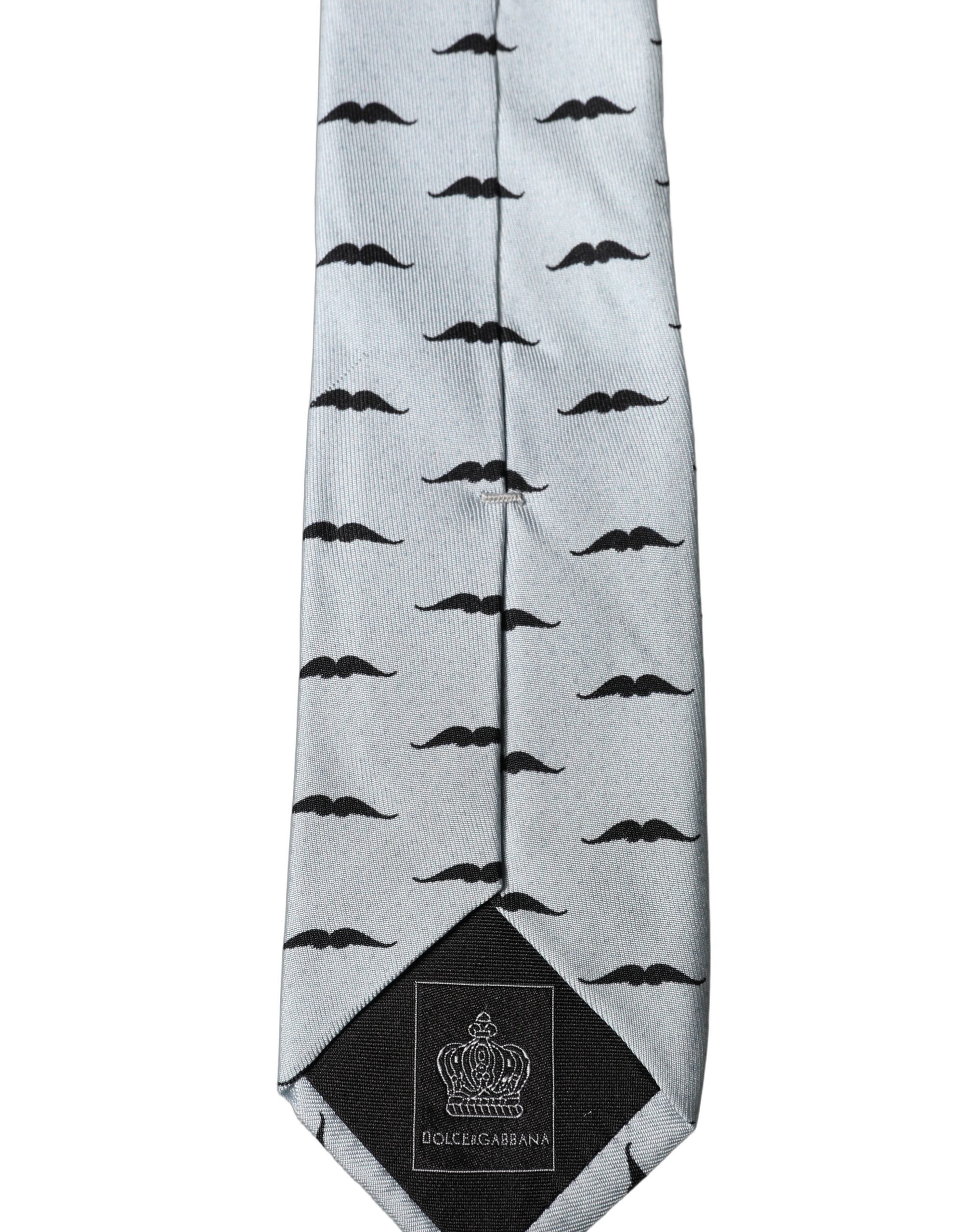 Dolce & Gabbana Light Gray Mustache Fantasy Silk Adjustable Necktie Tie