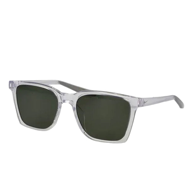 Sunglasses with clear frame and dark lenses on a light gray background