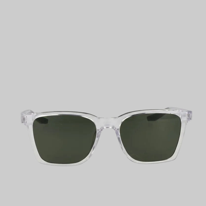 Sunglasses with clear frame and dark lenses on a white background