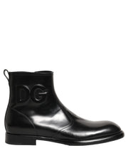 Dolce & Gabbana Black Leather Embossed Logo Ankle Boots Shoes