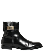 Dolce & Gabbana Black Leather Logo Buckle Mid Calf Boots Shoes