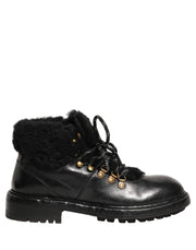 Dolce & Gabbana Black Trekking Fur Lace Leather Boots Shoes for Men