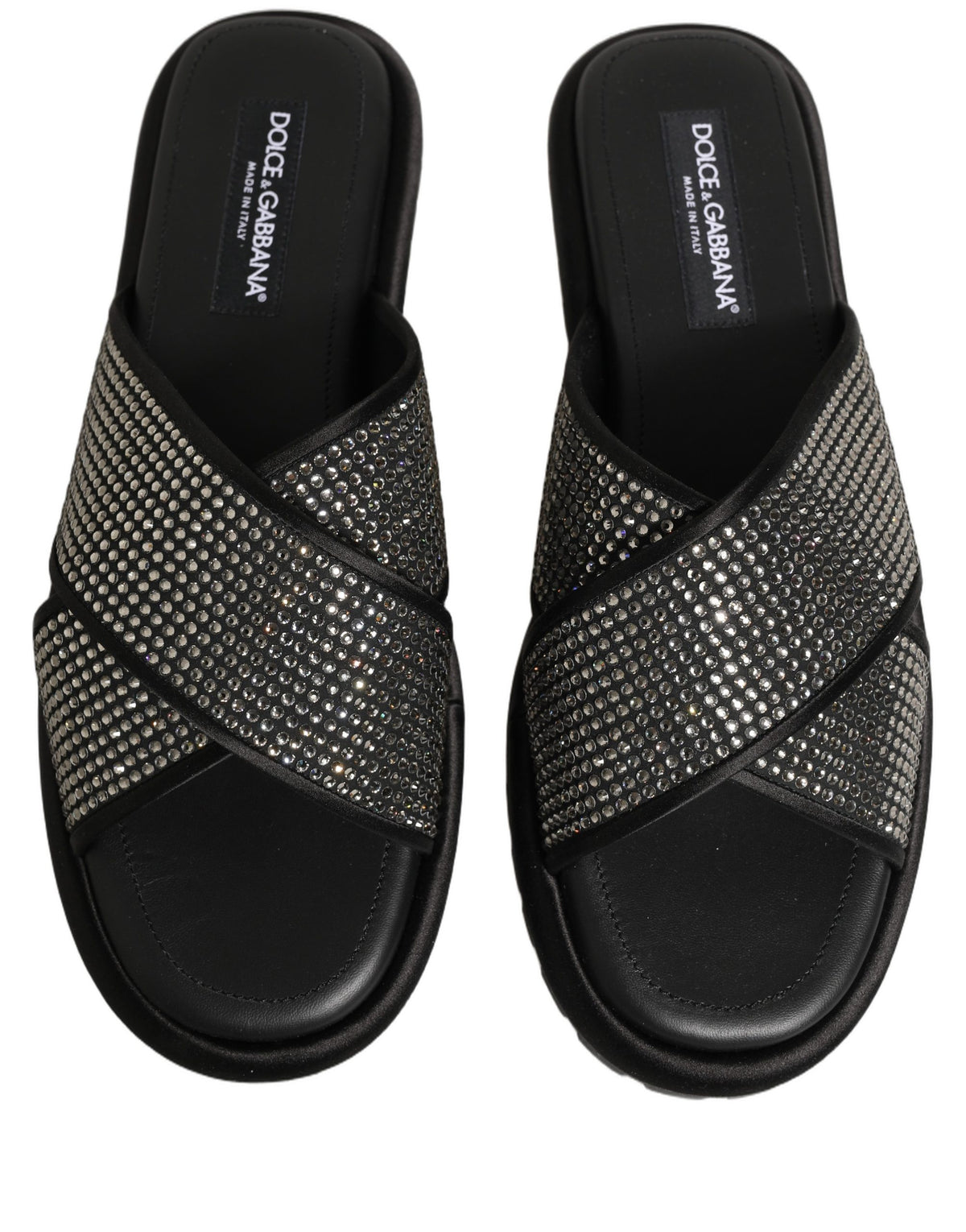 Dolce & Gabbana Black Strass Criss Cross Slide Sandals Shoes
