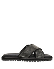 Dolce & Gabbana Black Strass Criss Cross Slide Sandals Shoes