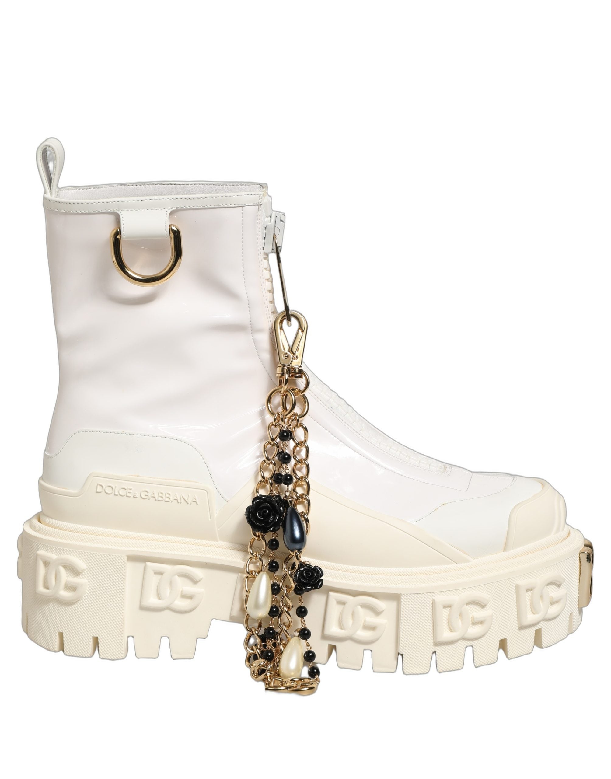 Dolce & Gabbana White Leather Rubber Logo Ankle Boots Shoes for Women