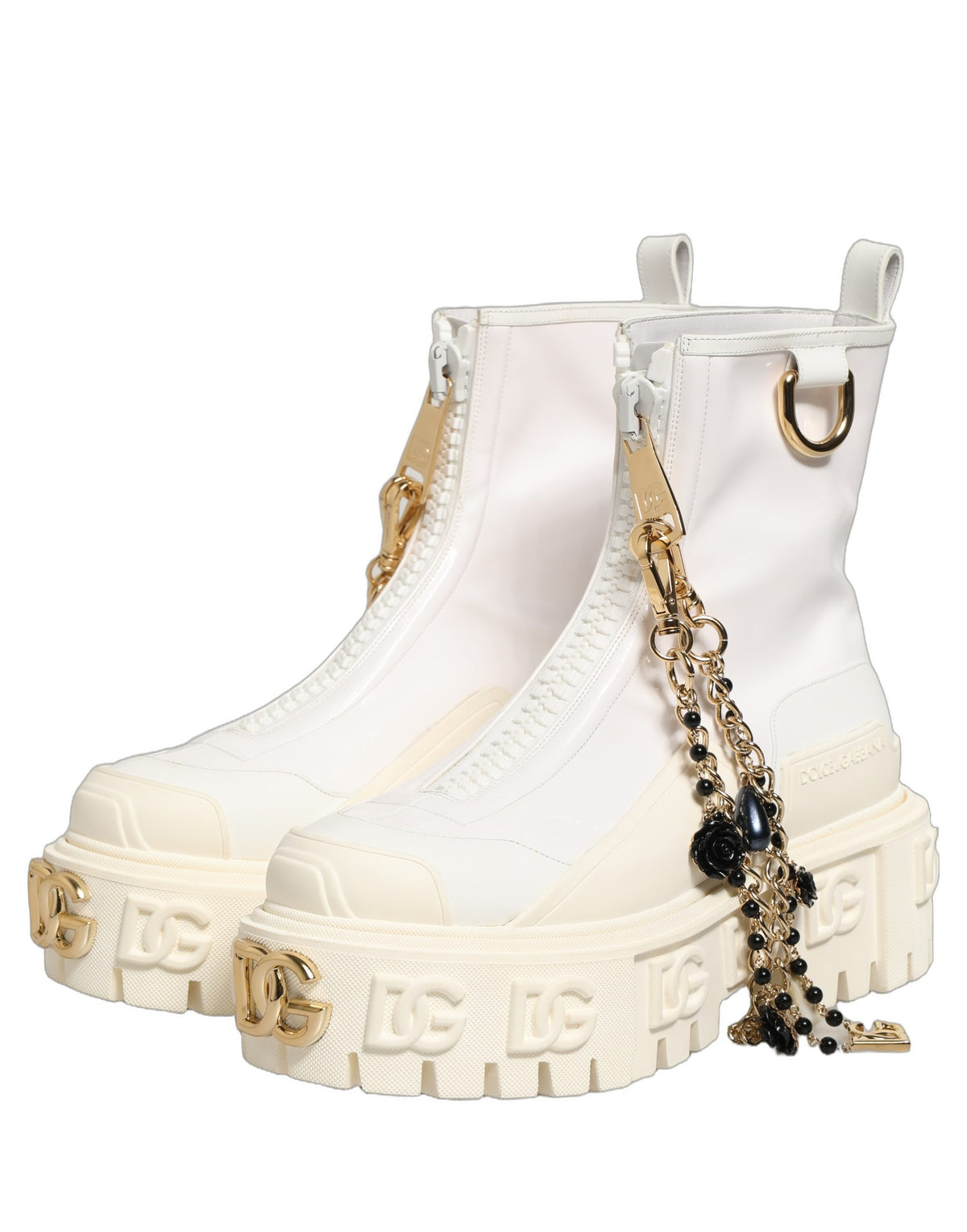 Dolce & Gabbana White Leather Rubber Logo Ankle Boots Shoes for Women