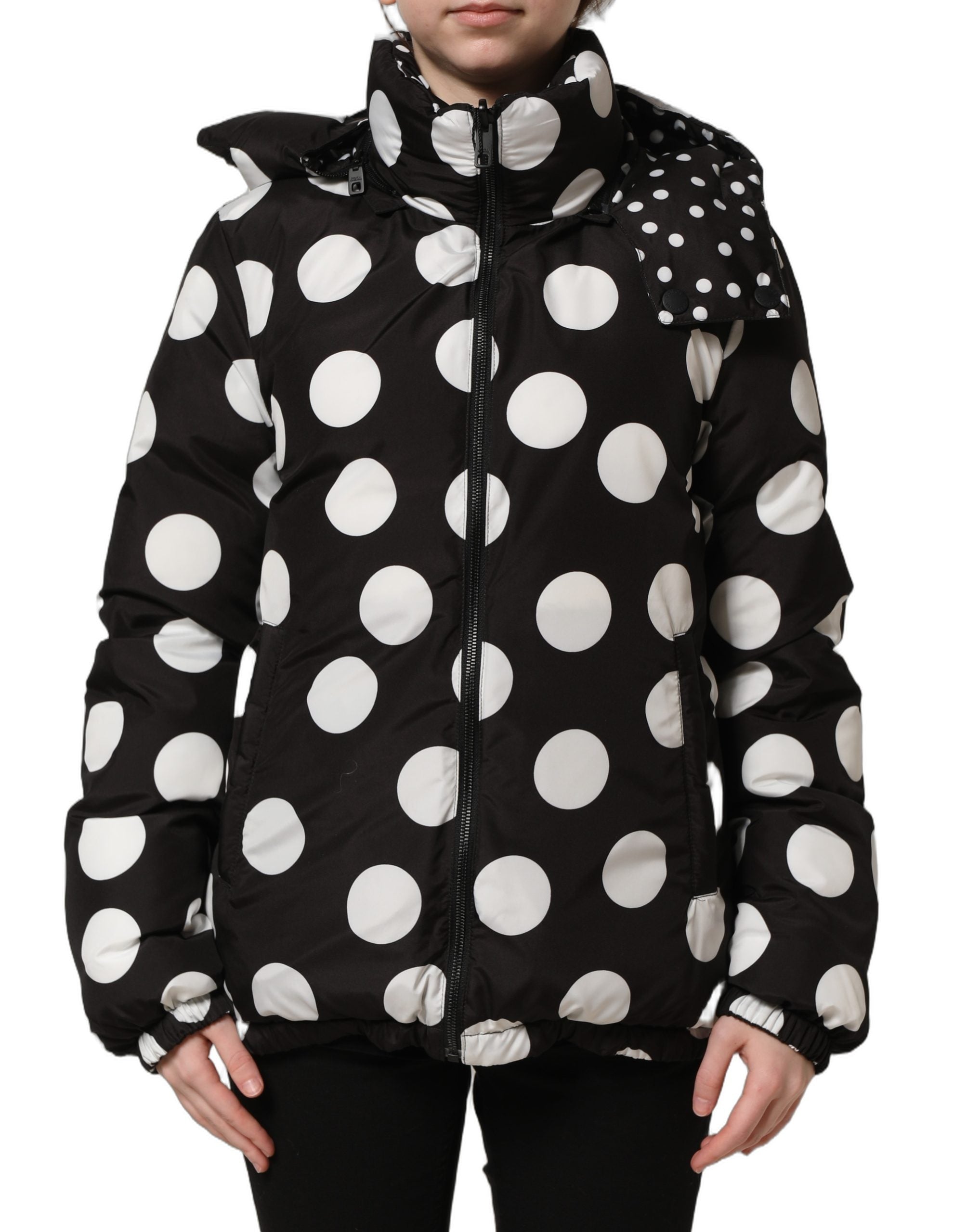 Dolce & Gabbana Black White Polka Dot Hooded Blouson Jacket for Women