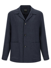 ZEGNA Blue Linen Full-Length Jacket