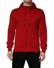 Dolce & Gabbana Red Embroidered Logo Hooded Full Zip Sweater for Men