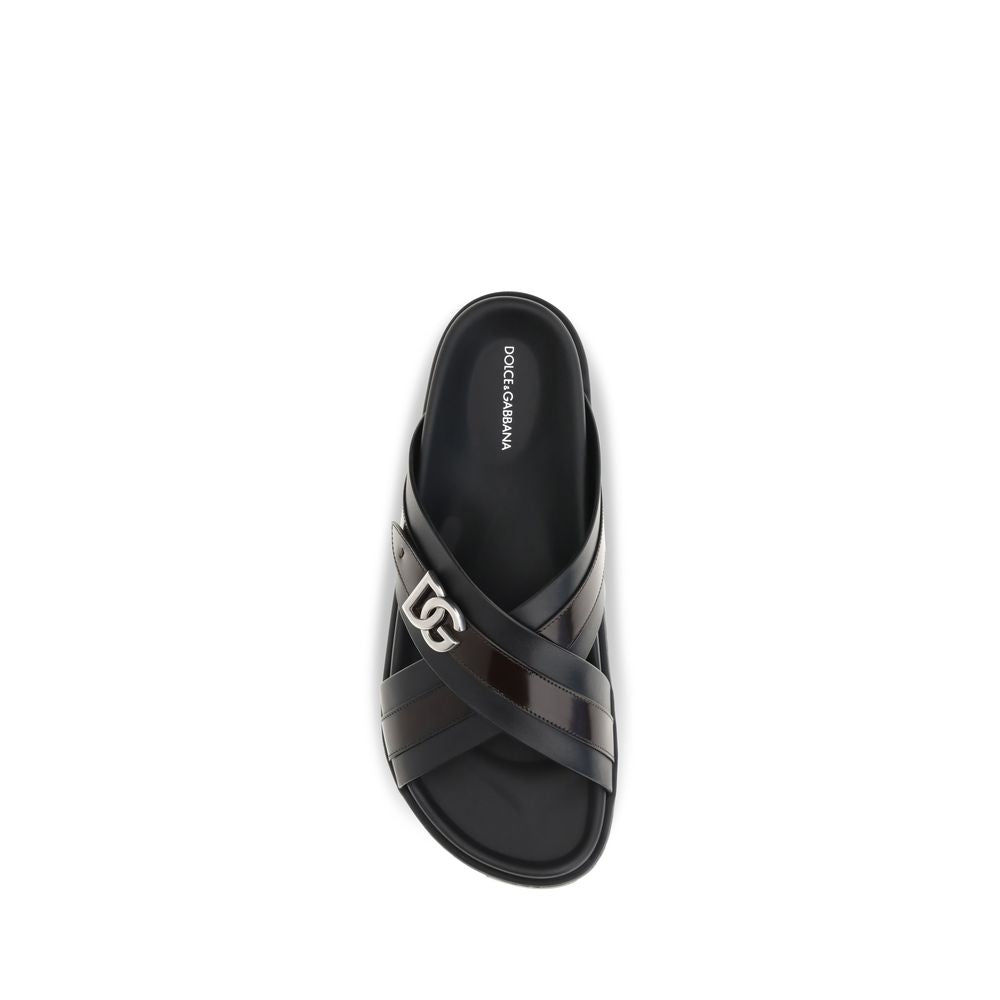 Dolce & Gabbana Black Calf Leather Bos Taurus Sandals for Men