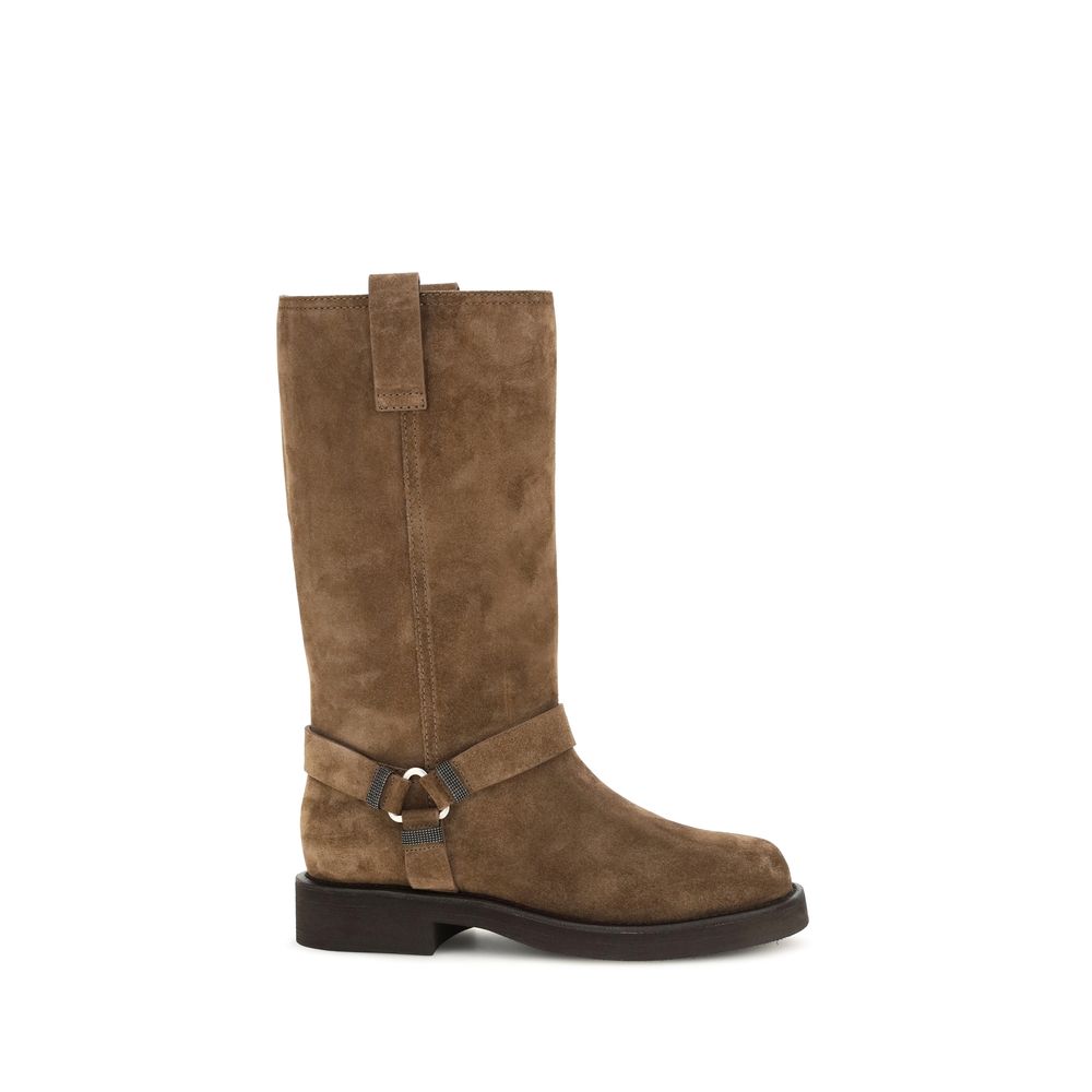 Brunello Cucinelli Brown Calf Leather Bos Taurus Flat Boots for Women
