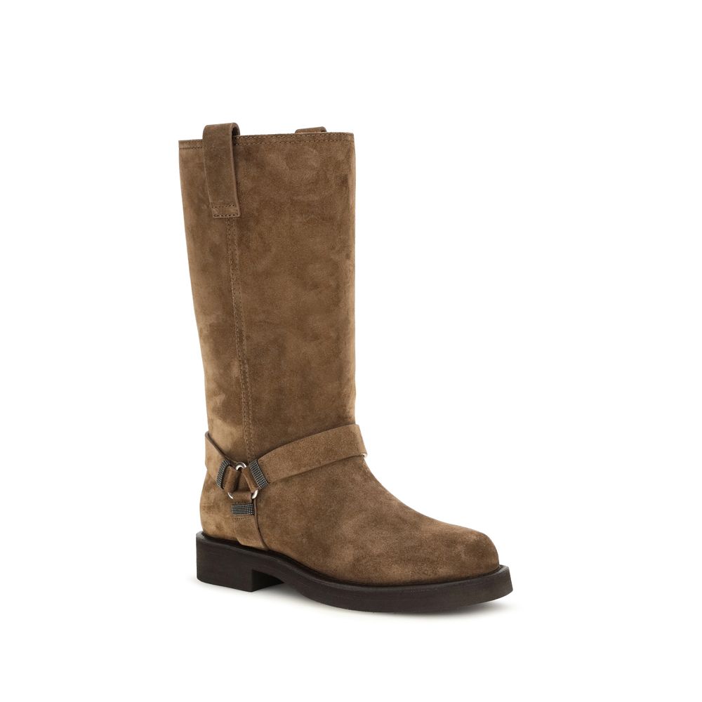Brunello Cucinelli Brown Calf Leather Bos Taurus Flat Boots for Women