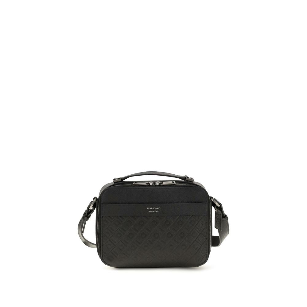 Ferragamo Black Calf Leather Bos Taurus Shoulder Bag for Men