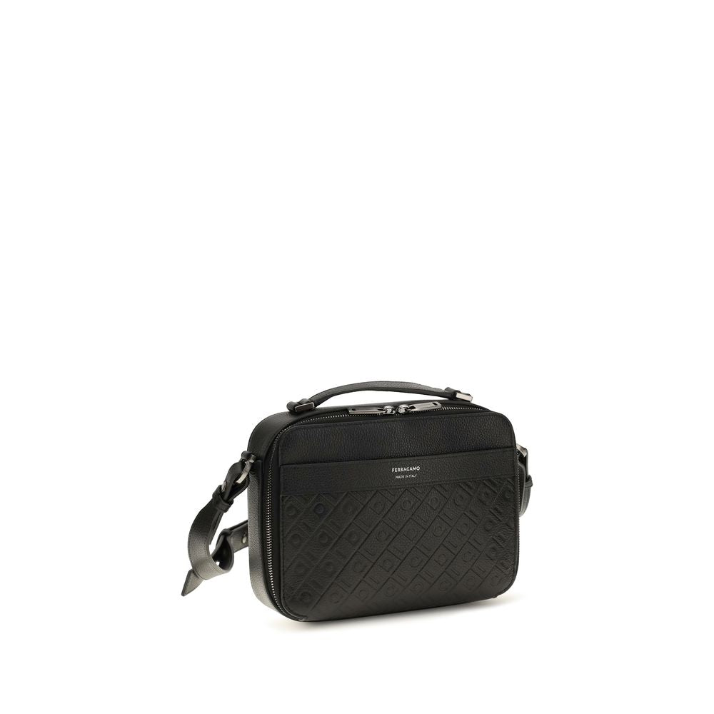 Ferragamo Black Calf Leather Bos Taurus Shoulder Bag for Men