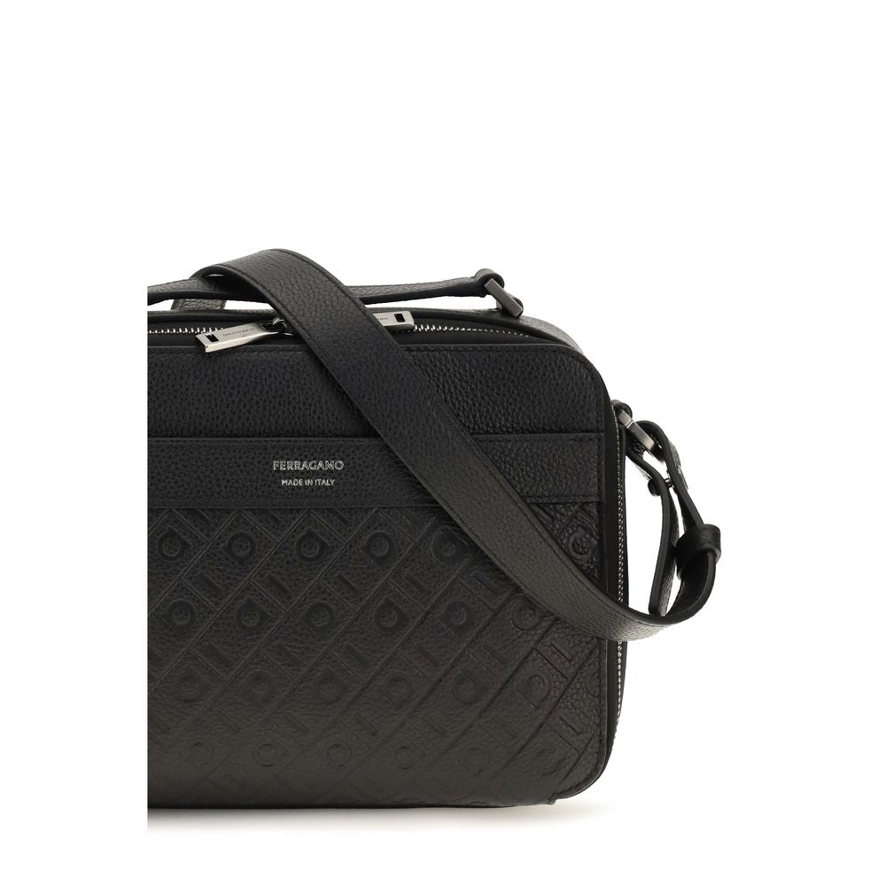 Ferragamo Black Calf Leather Bos Taurus Shoulder Bag for Men
