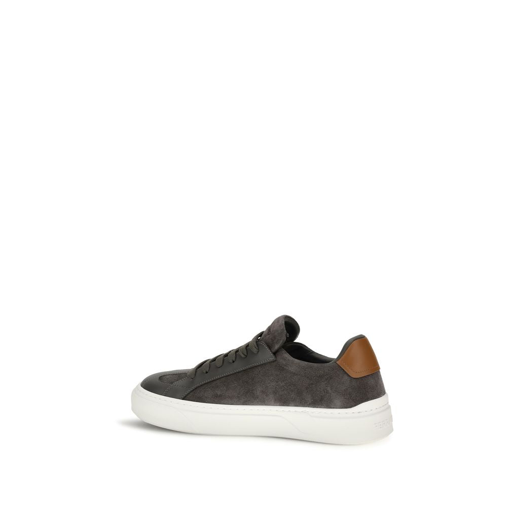 Ferragamo Gray Suede Leather Low Top Sneakers for Men