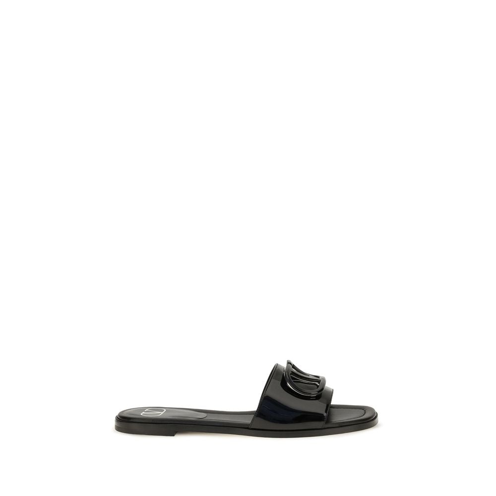 Valentino Garavani Black Calf Leather Bos Taurus Flat Sandals for Women