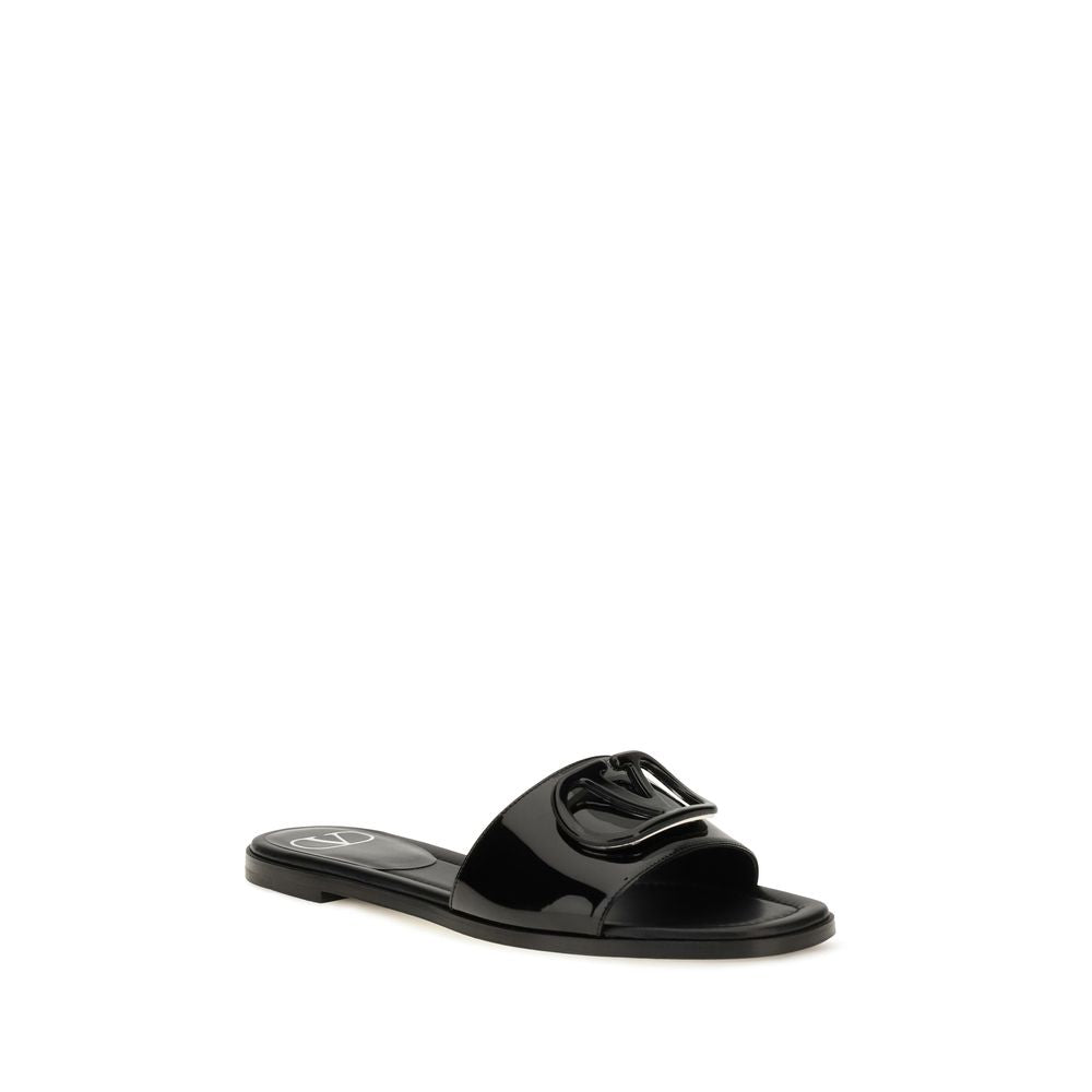 Valentino Garavani Black Calf Leather Bos Taurus Flat Sandals for Women