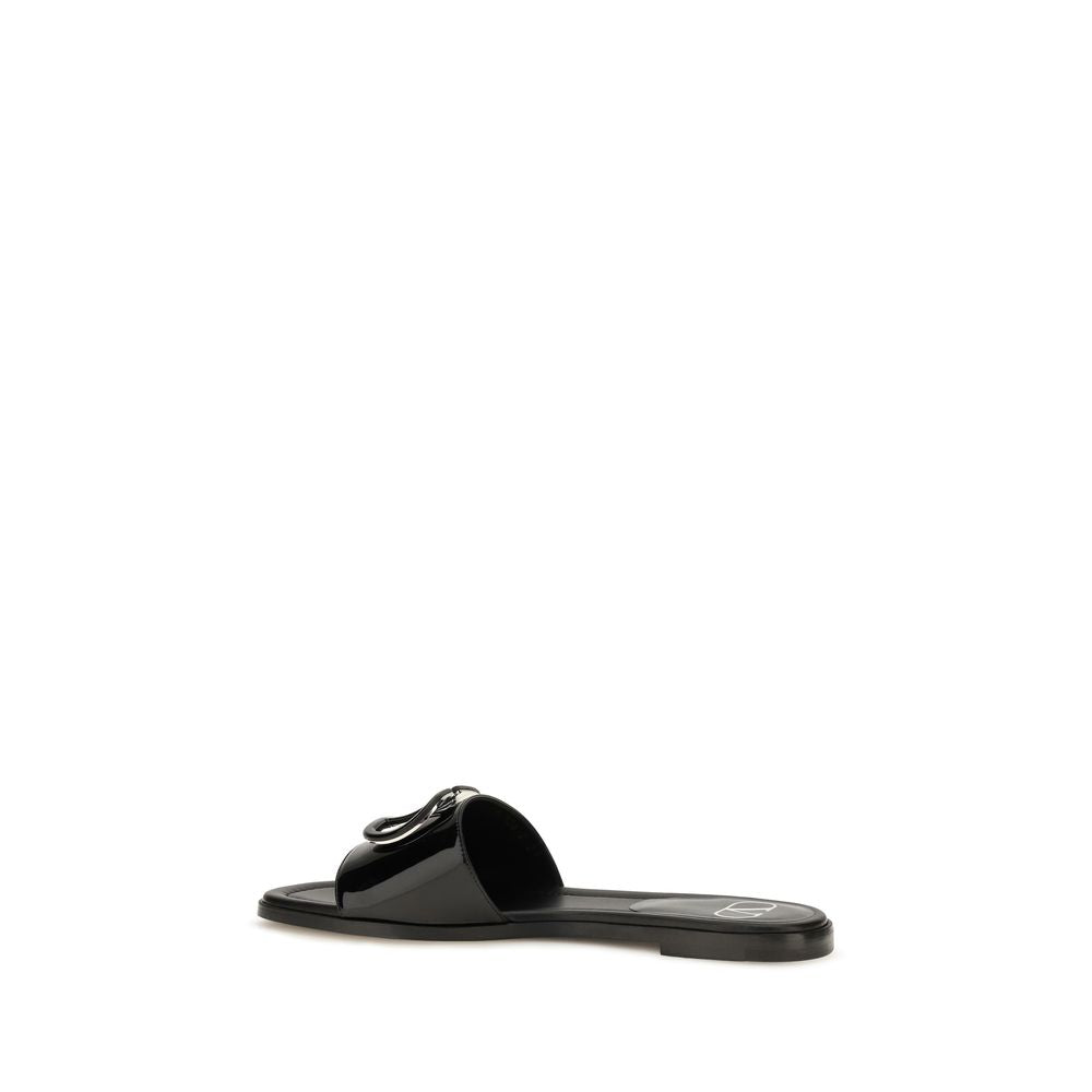 Valentino Garavani Black Calf Leather Bos Taurus Flat Sandals for Women