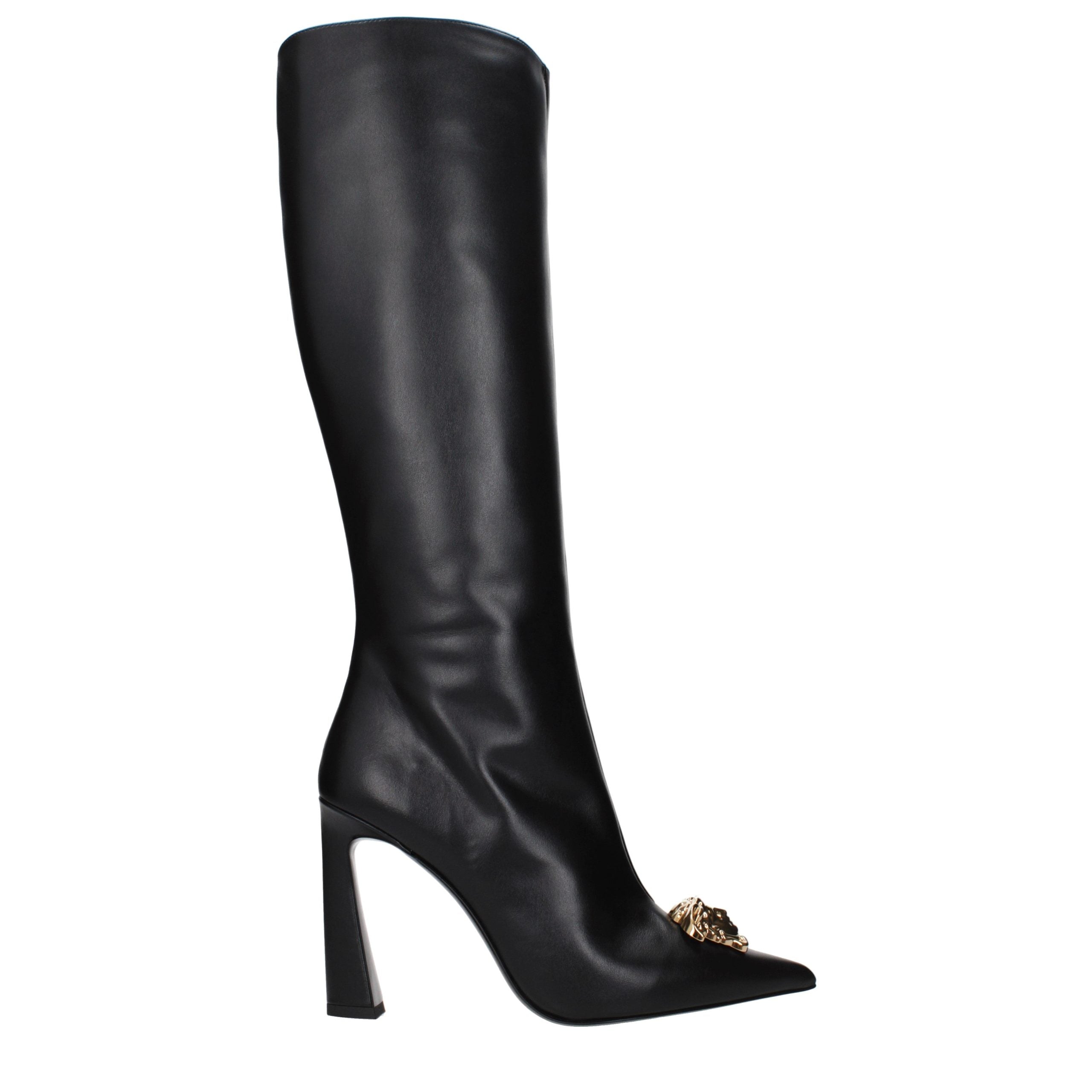 Versace Black Leather High Heel Boots for Women