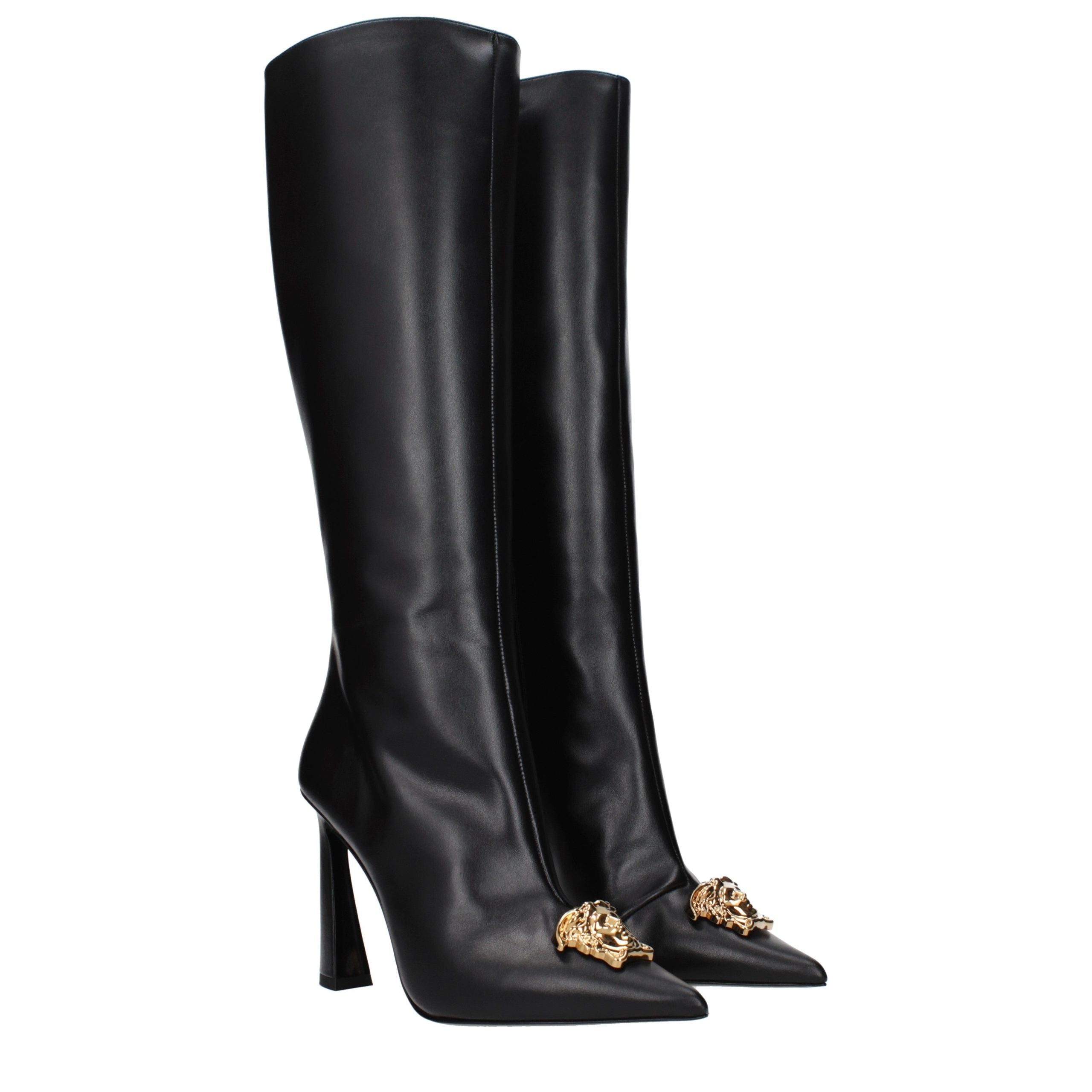 Versace Black Leather High Heel Boots for Women