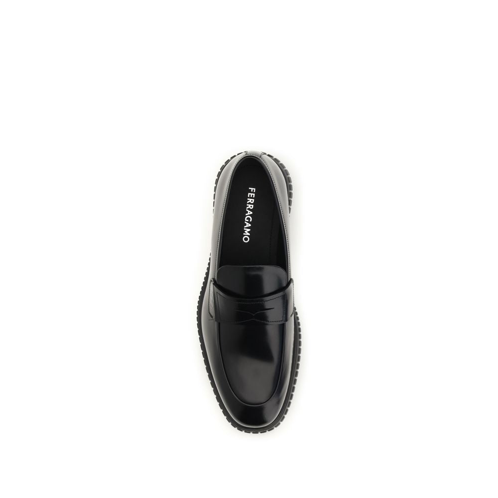 Ferragamo Black Calf Leather Bos Taurus Slip-On Loafers for Men