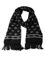 Dolce & Gabbana Black Silk Crown Fringed Neck Shawl Scarf