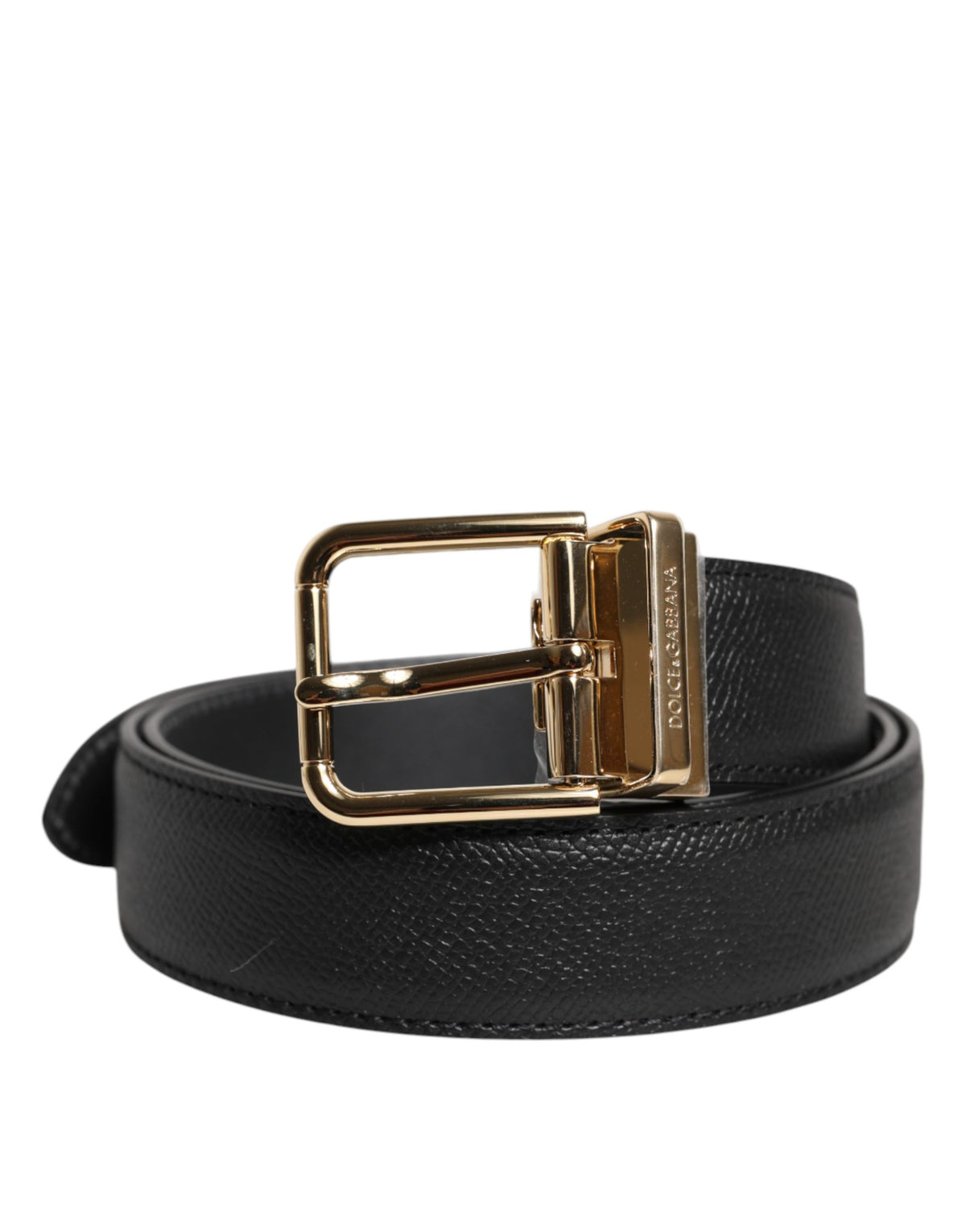 Dolce & Gabbana Black Grained Leather Gold Metal Buckle Belt for Women