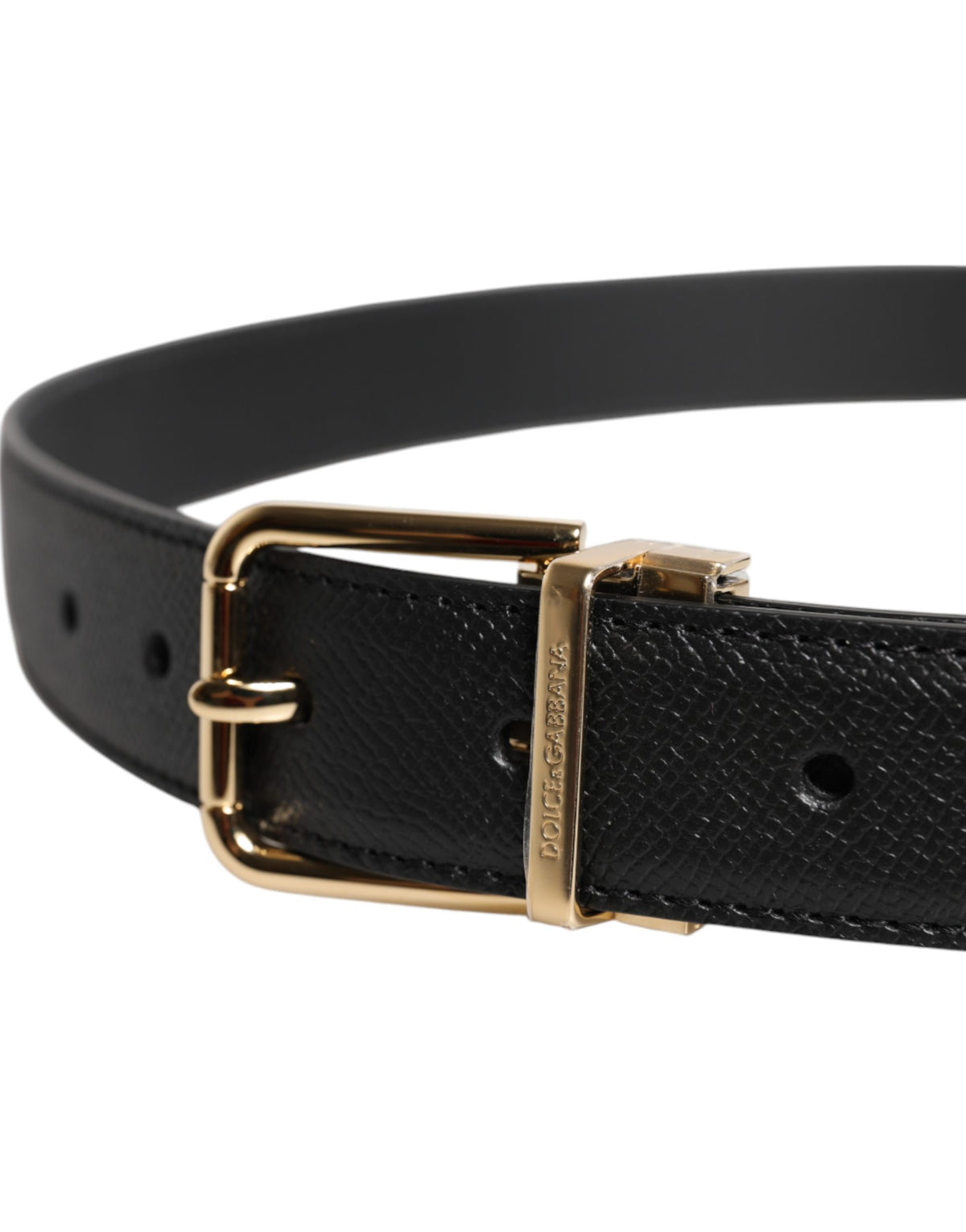 Dolce & Gabbana Black Grained Leather Gold Metal Buckle Belt for Women