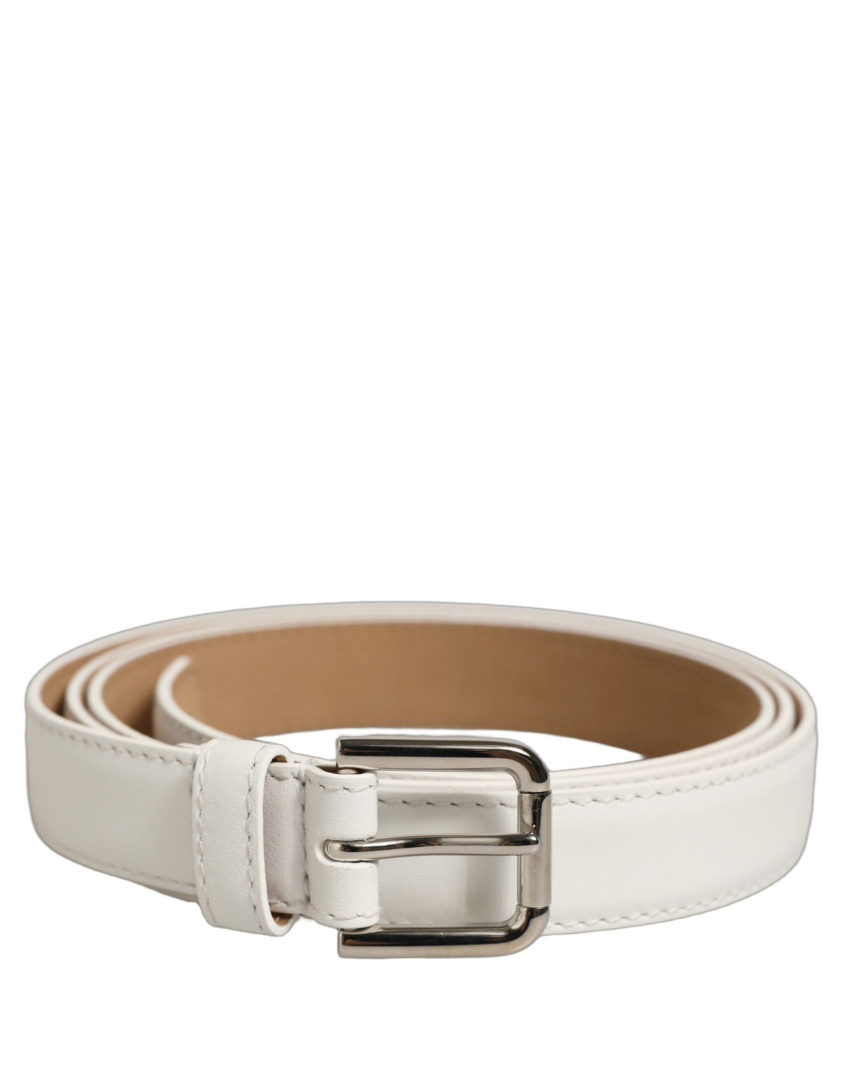 Dolce & Gabbana White Leather Silver Tone Metal Buckle Belt for Women