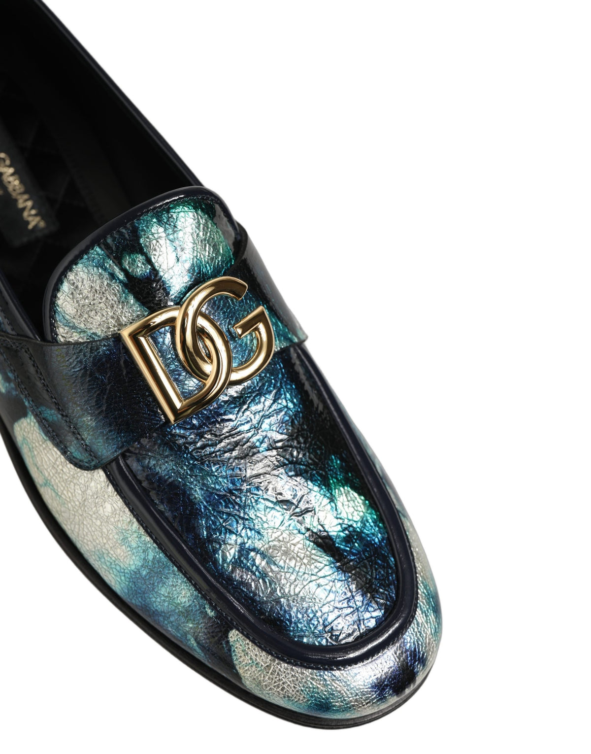 Dolce & Gabbana Metallic Blue Silver Leather DG Loafers Shoes for Men
