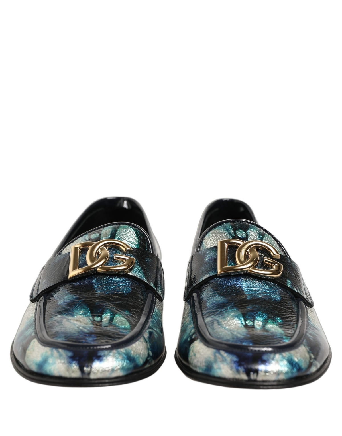Dolce & Gabbana Metallic Blue Silver Leather DG Loafers Shoes for Men