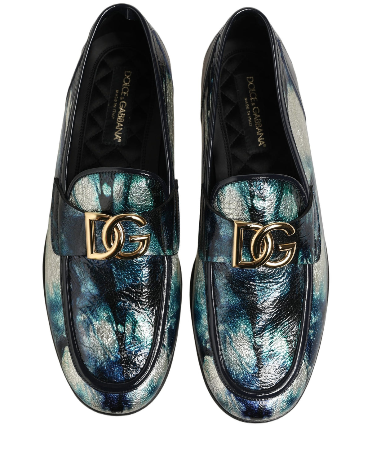 Dolce & Gabbana Metallic Blue Silver Leather DG Loafers Shoes for Men